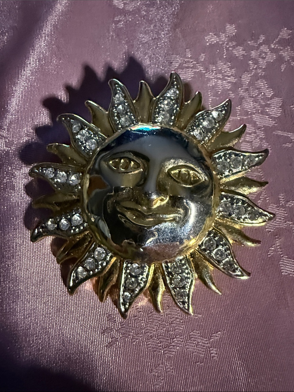 Sun Face Rhinestone Brooch - Gold & Silver Tone